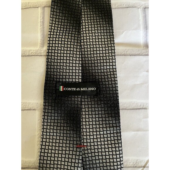 Conte di Milano Men's Striped/Checkered Necktie 100% Imported Silk Black Grey - Picture 4 of 5